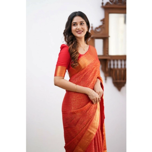 Generic Women's Silk Printed Saree With Unstitched Blouse 5.5Mtr (Orange) - Orange