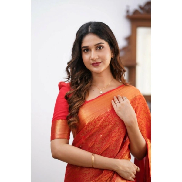 Generic Women's Silk Printed Saree With Unstitched Blouse 5.5Mtr (Orange) - Orange