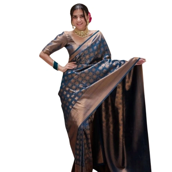 Generic Women's Silk Printed Saree With Unstitched Blouse 5.5Mtr (Blue) - Blue