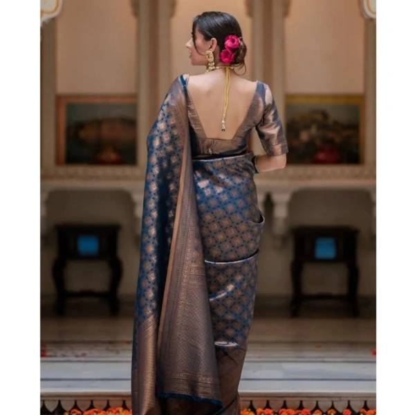 Generic Women's Silk Printed Saree With Unstitched Blouse 5.5Mtr (Blue) - Blue