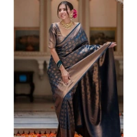 Generic Women's Silk Printed Saree With Unstitched Blouse 5.5Mtr (Blue) - Blue
