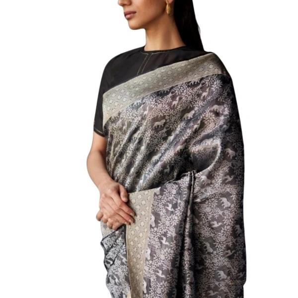 Generic Women's Silk Printed Saree With Unstitched Blouse 5.5Mtr (Grey) - Grey