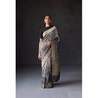 Generic Women's Silk Printed Saree With Unstitched Blouse 5.5Mtr (Grey) - Grey