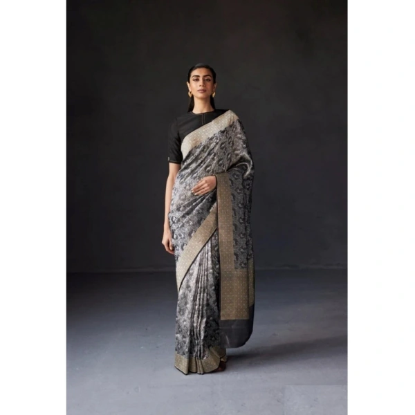 Generic Women's Silk Printed Saree With Unstitched Blouse 5.5Mtr (Grey) - Grey