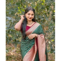 Generic Women's Silk Printed Saree With Unstitched Blouse 5.5Mtr (Green-Red) - Green-Red