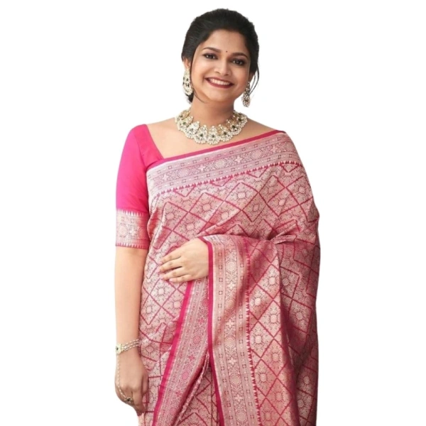 Generic Women's Silk Printed Saree With Unstitched Blouse 5.5Mtr (Pink) - Pink