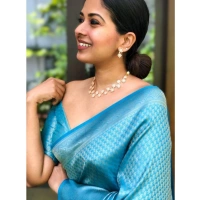 Generic Women's Silk Printed Saree With Unstitched Blouse 5.5Mtr (Sky Blue) - Sky Blue