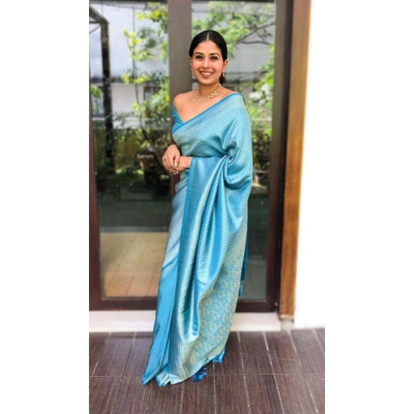 Generic Women's Silk Printed Saree With Unstitched Blouse 5.5Mtr (Sky Blue) - Sky Blue