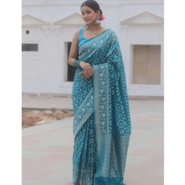 Generic Women's Silk Printed Saree With Unstitched Blouse 5.5Mtr (Sky Blue) - Sky Blue