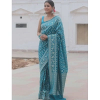 Generic Women's Silk Printed Saree With Unstitched Blouse 5.5Mtr (Sky Blue) - Sky Blue