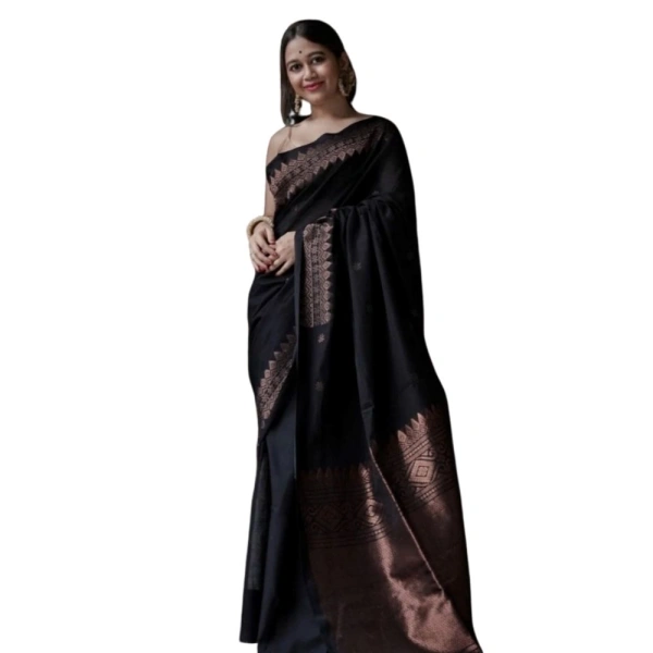 Generic Women's Silk Printed Saree With Unstitched Blouse 5.5Mtr (Black) - Black