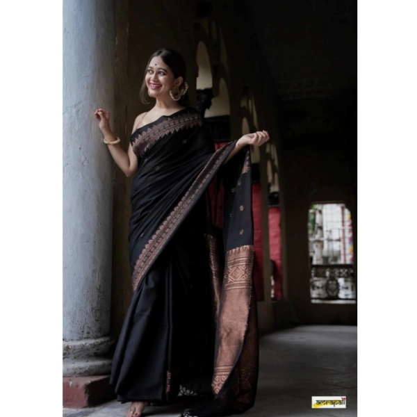 Generic Women's Silk Printed Saree With Unstitched Blouse 5.5Mtr (Black) - Black