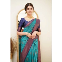 Generic Women's Silk Printed Saree With Unstitched Blouse 5.5Mtr (Rama) - Rama