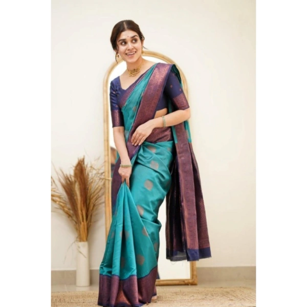 Generic Women's Silk Printed Saree With Unstitched Blouse 5.5Mtr (Rama) - Rama