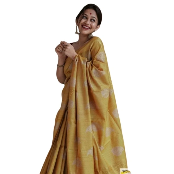 Generic Women's Silk Printed Saree With Unstitched Blouse 5.5Mtr (Yellow) - Yellow