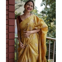 Generic Women's Silk Printed Saree With Unstitched Blouse 5.5Mtr (Yellow) - Yellow