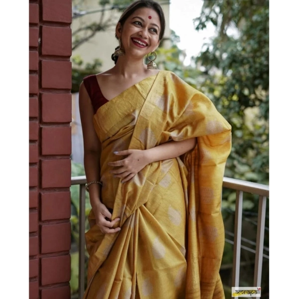 Generic Women's Silk Printed Saree With Unstitched Blouse 5.5Mtr (Yellow) - Yellow