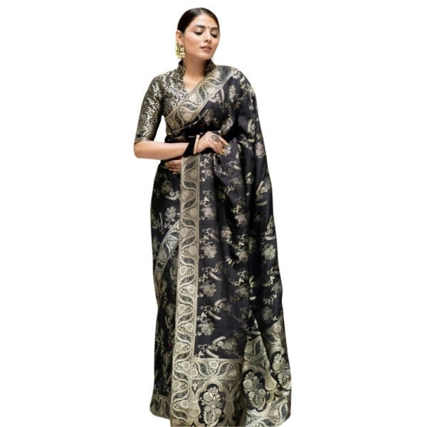 Generic Women's Silk Printed Saree With Unstitched Blouse 5.5Mtr (Black) - Black