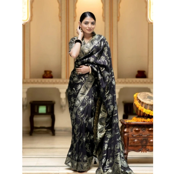Generic Women's Silk Printed Saree With Unstitched Blouse 5.5Mtr (Black) - Black