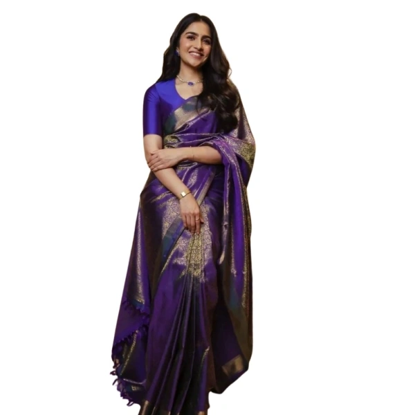 Generic Women's Silk Printed Saree With Unstitched Blouse 5.5Mtr (Purple) - Purple