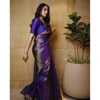 Generic Women's Silk Printed Saree With Unstitched Blouse 5.5Mtr (Purple) - Purple