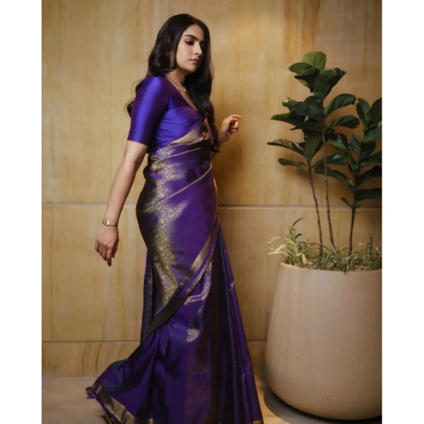 Generic Women's Silk Printed Saree With Unstitched Blouse 5.5Mtr (Purple) - Purple