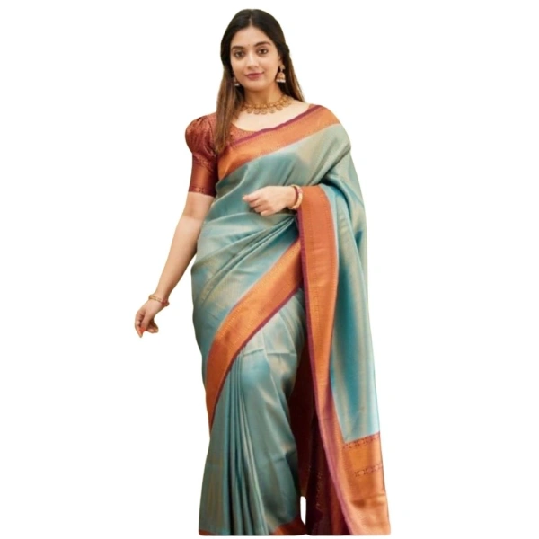 Generic Women's Silk Printed Saree With Unstitched Blouse 5.5Mtr (Rama) - Rama
