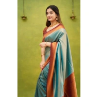Generic Women's Silk Printed Saree With Unstitched Blouse 5.5Mtr (Rama) - Rama