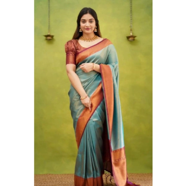 Generic Women's Silk Printed Saree With Unstitched Blouse 5.5Mtr (Rama) - Rama