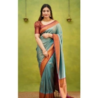Generic Women's Silk Printed Saree With Unstitched Blouse 5.5Mtr (Rama) - Rama