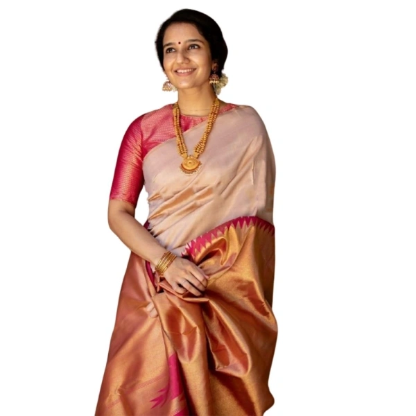 Generic Women's Silk Printed Saree With Unstitched Blouse 5.5Mtr (Cream) - Cream