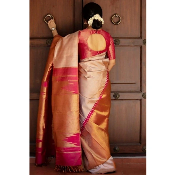 Generic Women's Silk Printed Saree With Unstitched Blouse 5.5Mtr (Cream) - Cream