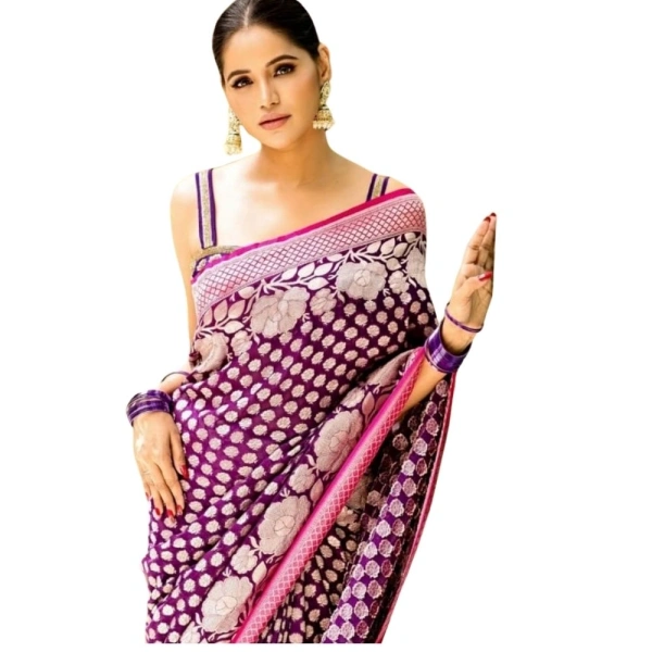 Generic Women's Silk Printed Saree With Unstitched Blouse 5.5Mtr (Purple) - Purple