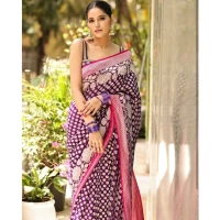 Generic Women's Silk Printed Saree With Unstitched Blouse 5.5Mtr (Purple) - Purple