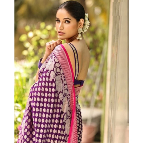 Generic Women's Silk Printed Saree With Unstitched Blouse 5.5Mtr (Purple) - Purple