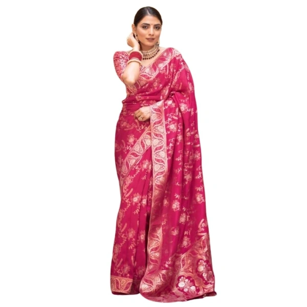 Generic Women's Silk Printed Saree With Unstitched Blouse 5.5Mtr (Pink) - Pink