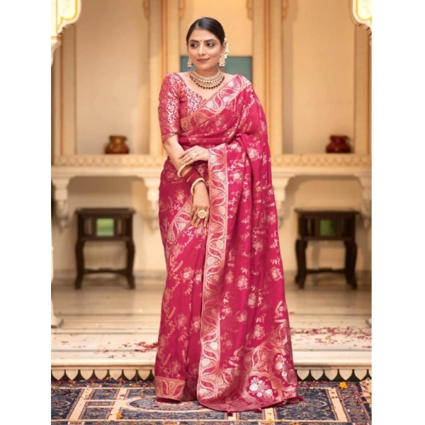 Generic Women's Silk Printed Saree With Unstitched Blouse 5.5Mtr (Pink) - Pink