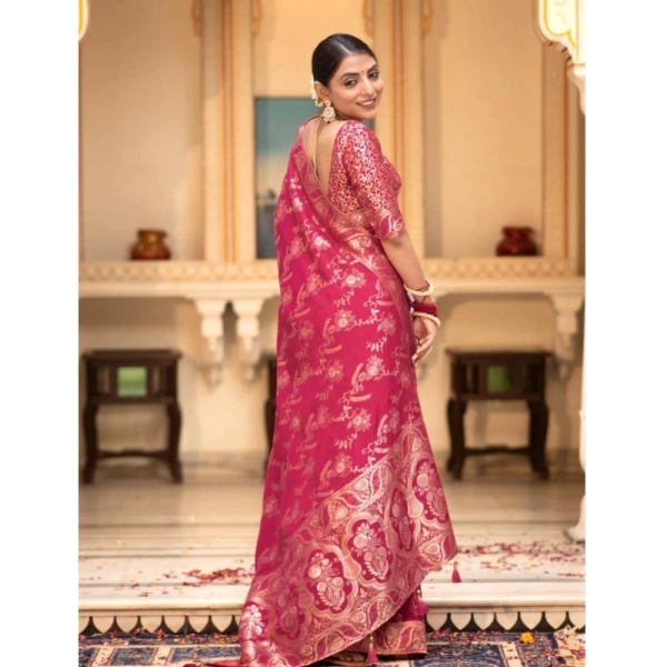 Generic Women's Silk Printed Saree With Unstitched Blouse 5.5Mtr (Pink) - Pink
