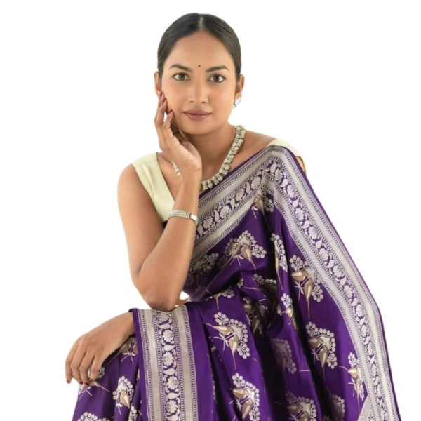 Generic Women's Silk Printed Saree With Unstitched Blouse 5.5Mtr (Purple) - Purple