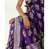 Generic Women's Silk Printed Saree With Unstitched Blouse 5.5Mtr (Purple) - Purple
