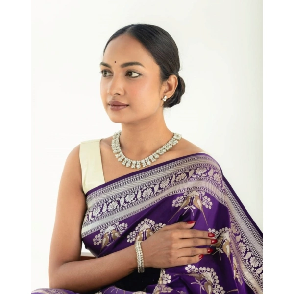 Generic Women's Silk Printed Saree With Unstitched Blouse 5.5Mtr (Purple) - Purple