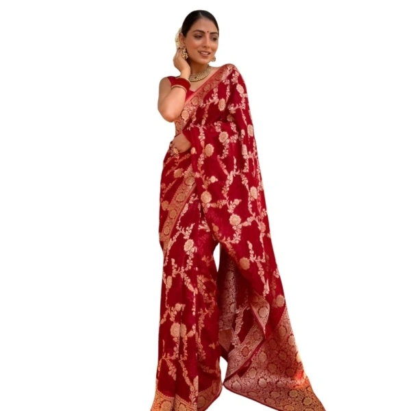 Generic Women's Silk Printed Saree With Unstitched Blouse 5.5Mtr (Red) - Red