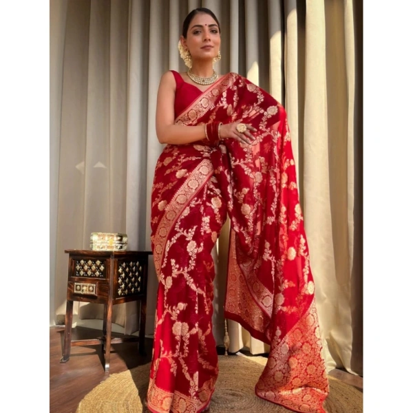 Generic Women's Silk Printed Saree With Unstitched Blouse 5.5Mtr (Red) - Red