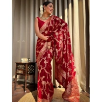 Generic Women's Silk Printed Saree With Unstitched Blouse 5.5Mtr (Red) - Red