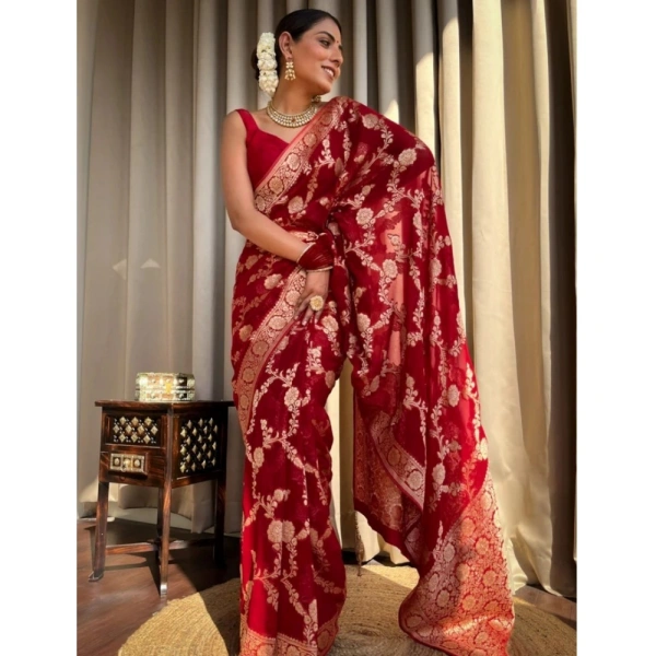 Generic Women's Silk Printed Saree With Unstitched Blouse 5.5Mtr (Red) - Red