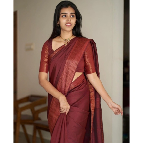 Generic Women's Silk Printed Saree With Unstitched Blouse 5.5Mtr (Maroon) - Maroon