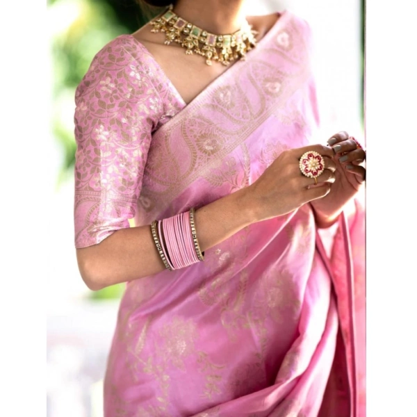 Generic Women's Silk Printed Saree With Unstitched Blouse 5.5Mtr (Pink) - Pink