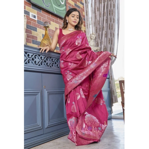 Generic Women's Silk Printed Saree With Unstitched Blouse 5.5Mtr (Rani Pink) - Rani Pink
