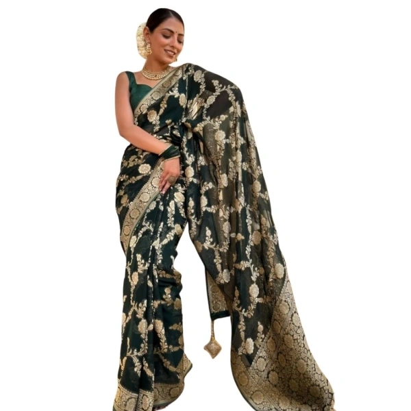 Generic Women's Silk Printed Saree With Unstitched Blouse 5.5Mtr (Dark Green) - Dark Green