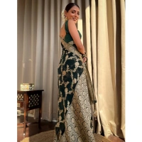 Generic Women's Silk Printed Saree With Unstitched Blouse 5.5Mtr (Dark Green) - Dark Green